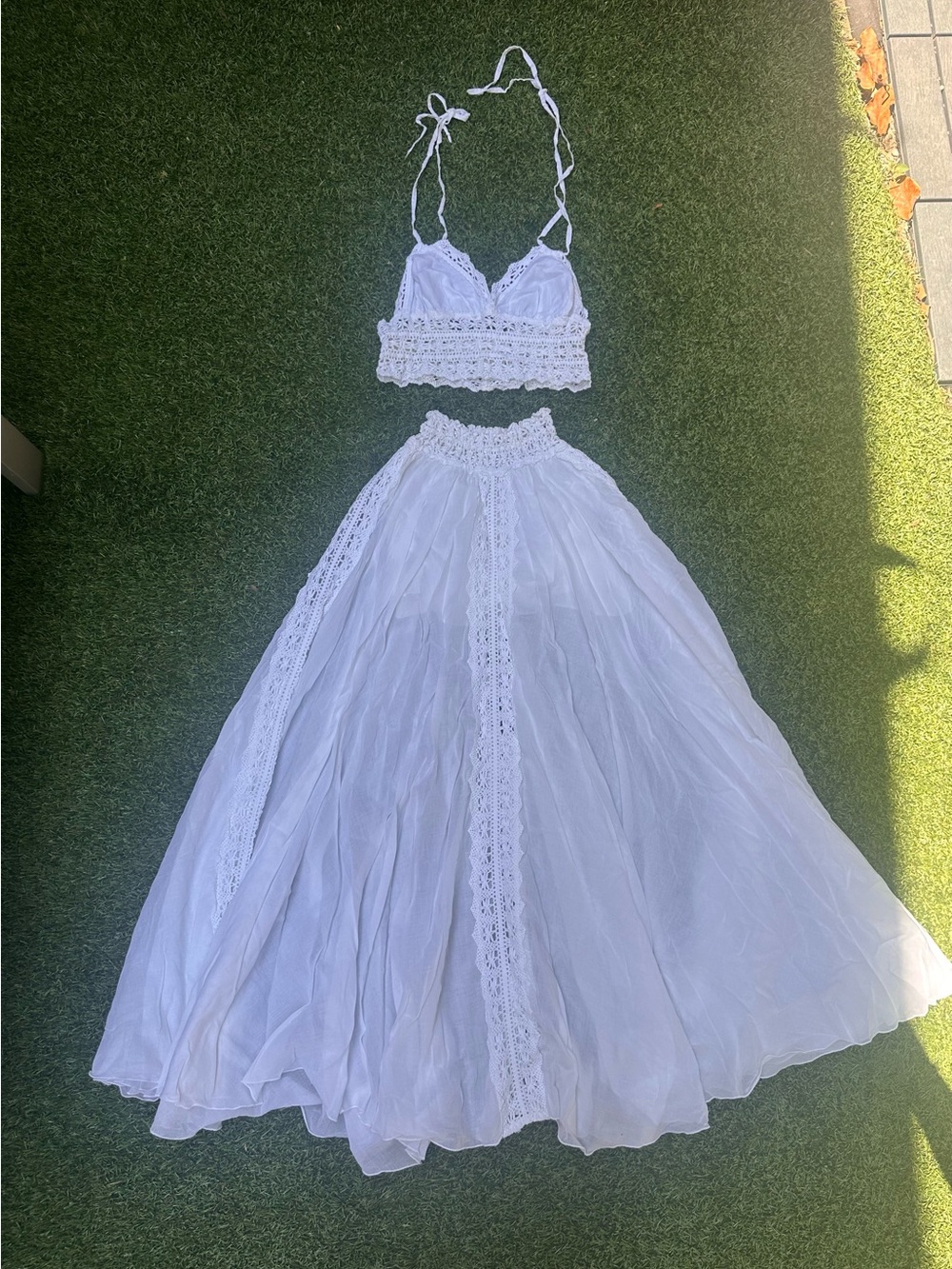 Dira Moda Ibiza White Crochet Maxi Skirt and Bralette top set